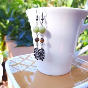 Leaf, Tiger's Eye, & Green Stone Dangle Earrings